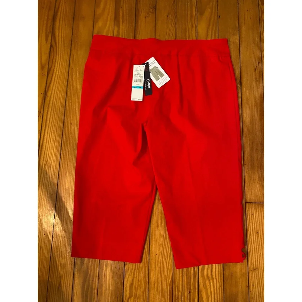 Ruby‎ Rd Womens Red Capri Pants Slimming Contour Waistband Lattice Hem 16 NEW